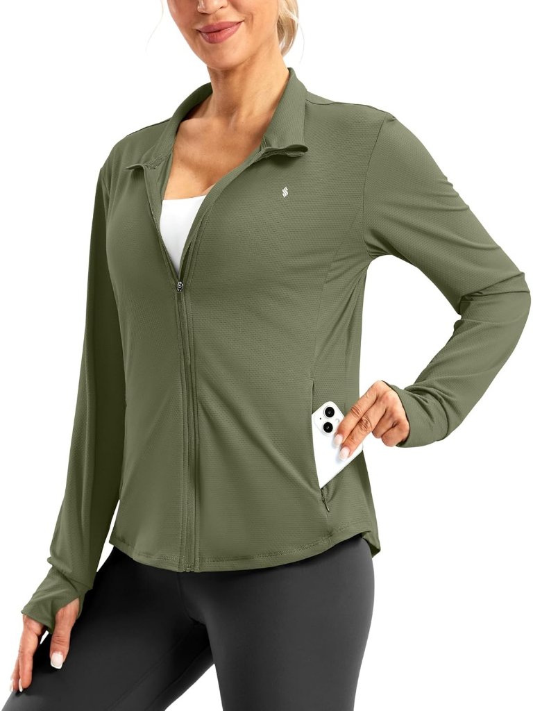 Women's Olive Upf 50+ Sun Protection Long Sleeve Shirt Zip Up Hiking Workout Top